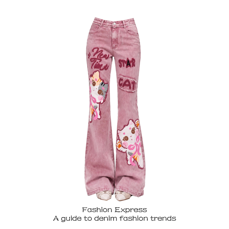 Good-Fitting Flared Jeans for Women, New Autumn Style, Pink Cartoon Cat Embroidery, Slim Fit, Casual Long Pants Good-Fitting Flared Jeans for Women, New Autumn Style, Pink Cartoon Cat Embroidery, Slim Fit, Casual Long Pants
