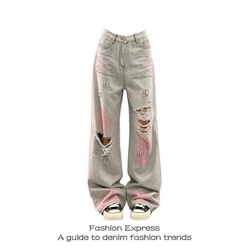 Rhinestone Spray-Painted Jeans for Women, Summer Thin Style, Washed with Holes, Casual New High-Waisted Loose Slimming Versatile Straight-Leg Pants