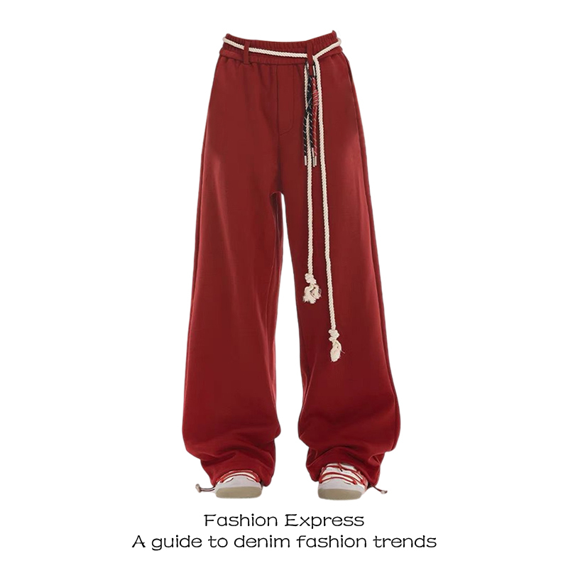 Trendy American-Style Burgundy Sweatpants for Women, Autumn and Winter 2025 New High-Waisted Slimming Straight-Leg Wide-Leg Casual Pants