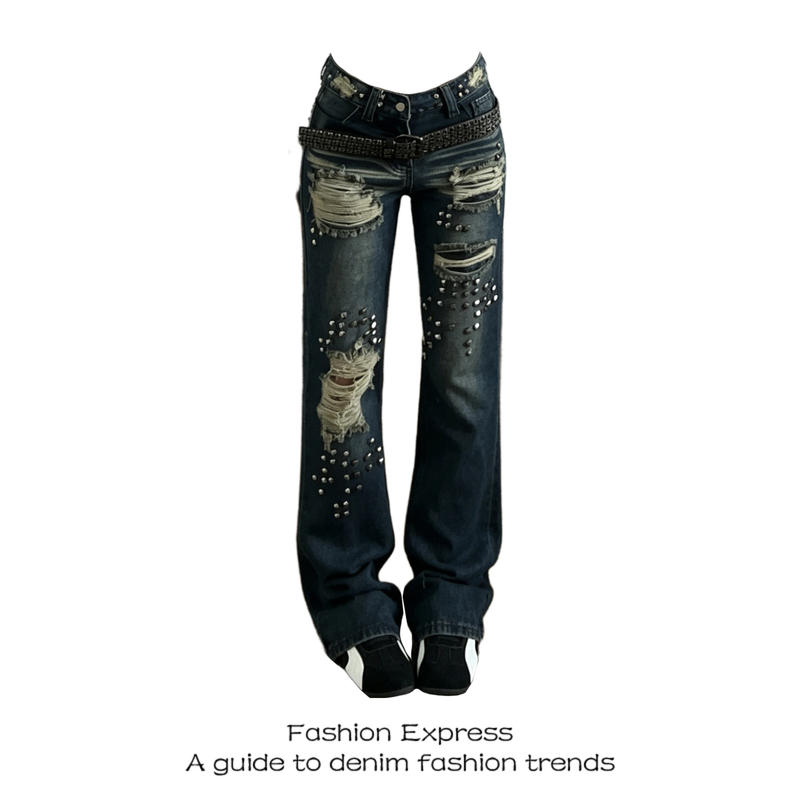 Rivet Distressed Flared Low-Rise Jeans for Women 2026 Summer New Slim-Fit Design Trendy Slimming Pants Rivet Distressed Flared Low-Rise Jeans for Women 2026 Summer New Slim-Fit Design Trendy Slimming Pants