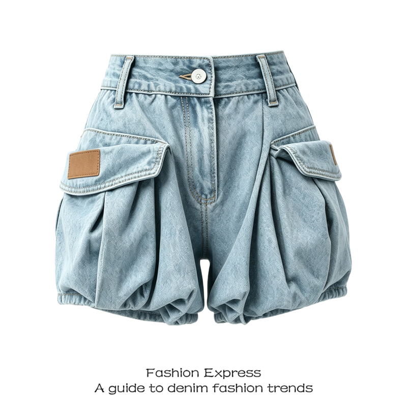 American-Style Floral Denim Cargo Shorts for Women, 2026 Summer New Blue High-Waisted Slimming Large Pocket Denim Shorts