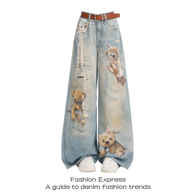 Bear Print Jeans for Women, Summer 2026 New Style, Youthful and Playful, American Retro Design, Wide-Leg Pants, Trendy