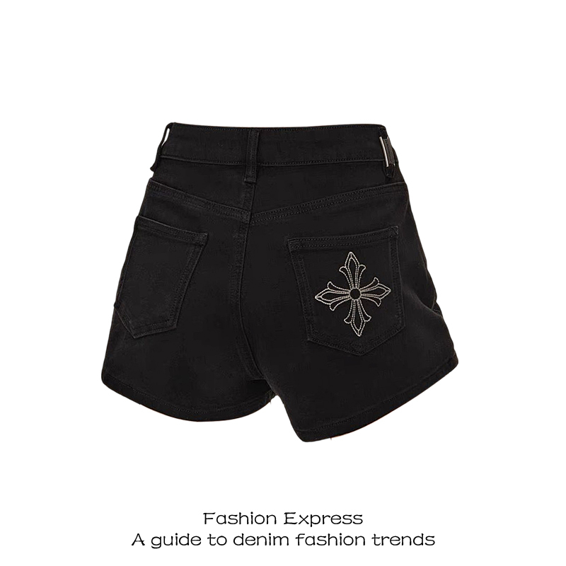 American-Style Y2K Cross Flower Embroidery Black Denim Shorts for Women, Autumn/Winter 2026 New Low-Waist Slim-Fit Hip-Hugging Hot Pants
