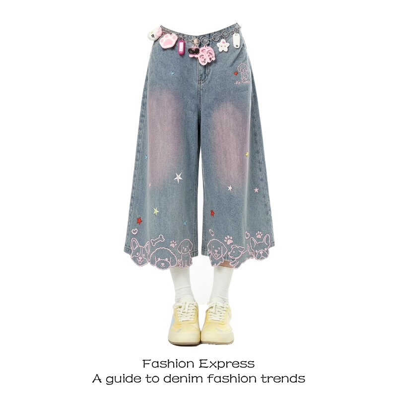 2026 Very Stylish Women's Jeans for Summer with Star and Cat Embroidery, Unique and Trendy Wide-Leg Cropped Pants
