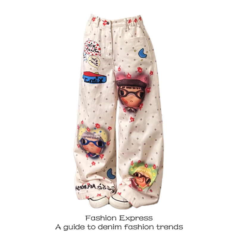 Polka Dot Jeans for Women 2026 Autumn New American Style Painted Digital Print Sweet Design Straight Casual Pants Polka Dot Jeans for Women 2026 Autumn New American Style Painted Digital Print Sweet Design Straight Casual Pants
