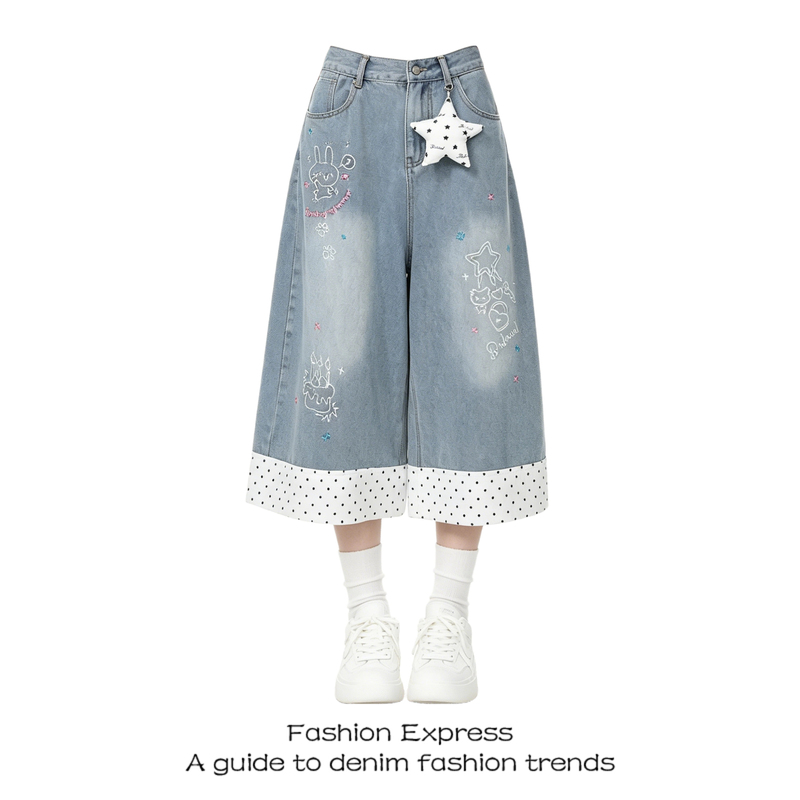 Polka Dot Jeans for Women, Summer Color-Blocking, Unique and Trendy, High-End Feel, Street Style, Casual Wide-Leg Cropped Pants Polka Dot Jeans for Women, Summer Color-Blocking, Unique and Trendy, High-End Feel, Street Style, Casual Wide-Leg Cropped Pants