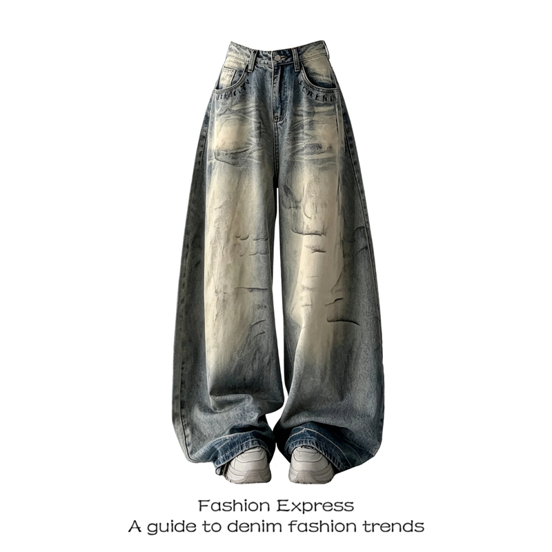 American Retro Scimitar Jeans for Women, 2026 Autumn New Street Style, Washed and Distressed, Loose Wide-Leg Floor-Length Pants American Retro Scimitar Jeans for Women, 2026 Autumn New Street Style, Washed and Distressed, Loose Wide-Leg Floor-Length Pants