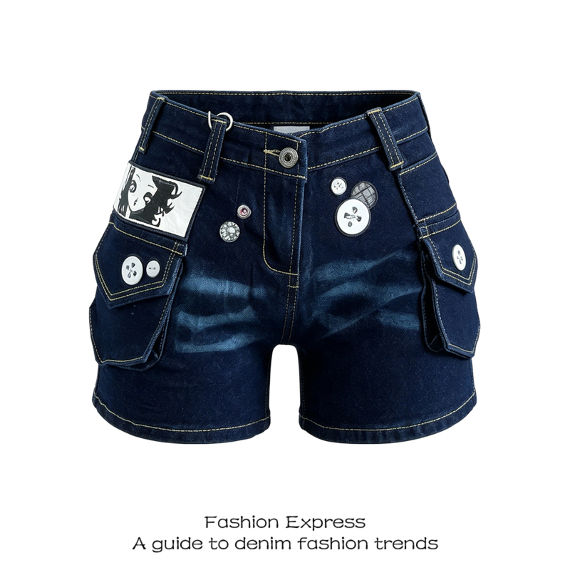 Girls' Button-Printed Denim Cargo Shorts, Low-Waisted, Rolled Hem, Slimming, Casual, Washed, High-Waisted, Hot Girl Hot Pants Girls' Button-Printed Denim Cargo Shorts, Low-Waisted, Rolled Hem, Slimming, Casual, Washed, High-Waisted, Hot Girl Hot Pants