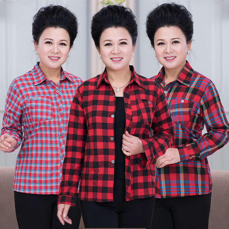 Trendy Plaid Shirt for Women, Spring and Autumn, with Fleece Lining, Collared Long-Sleeve Top for Middle-Aged Moms, Women's Spring Shirt