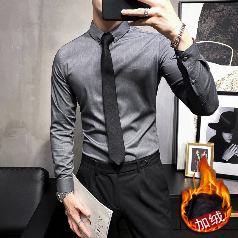 Autumn-Winter Shirt Men Sleeve New Han Version Hawk Current Pure Color Handy Free Leisure Men Shirt
