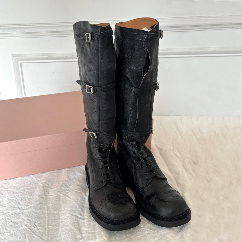 Autumn and Winter Distressed Version Thick-Soled Over-The-Knee Long Boots Vintage Distressed Martin Boots Buckle Knight Boots for Women