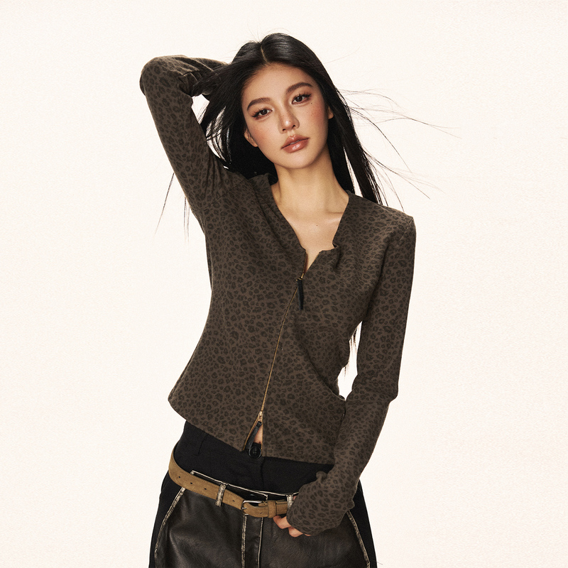 Cherry Melody American Retro Leopard Print V-Neck Double Zipper Long-Sleeved Top for Women, Thin Jacket for Inner Wear and Outer Wear