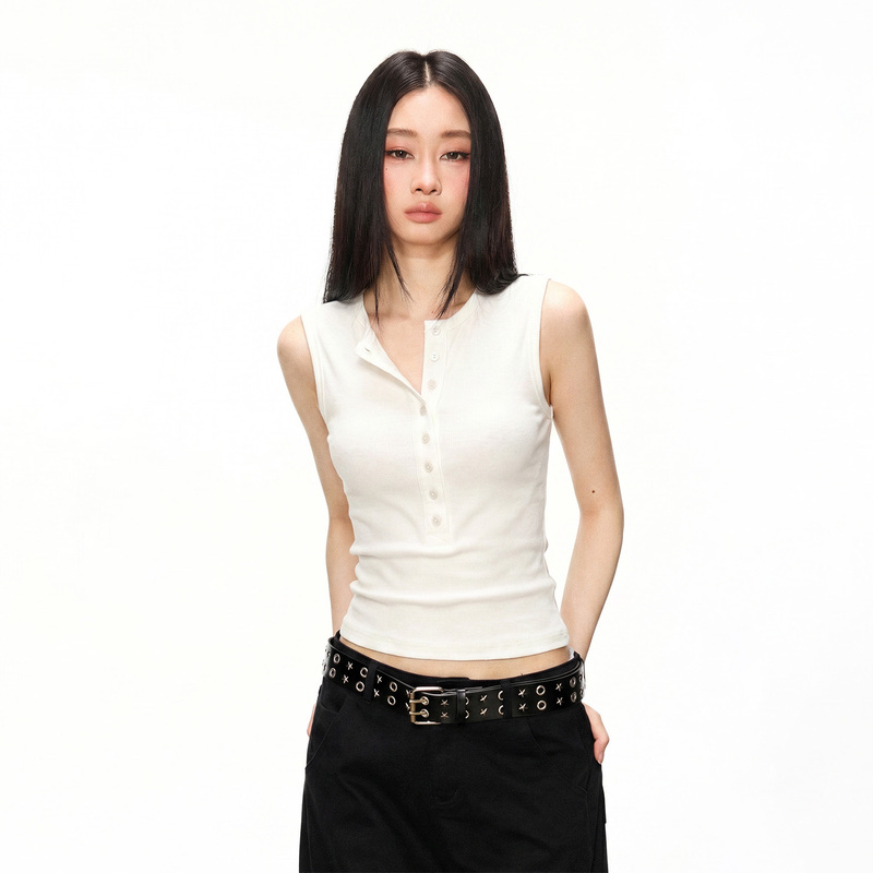 Cherry Melody Multi-Button Henry Collar Tank Top Sleeveless Top Summer Inner Wear Outer Wear Slim Fit Women's Tank Top Cherry Melody Multi-Button Henry Collar Tank Top Sleeveless Top Summer Inner Wear Outer Wear Slim Fit Women's Tank Top