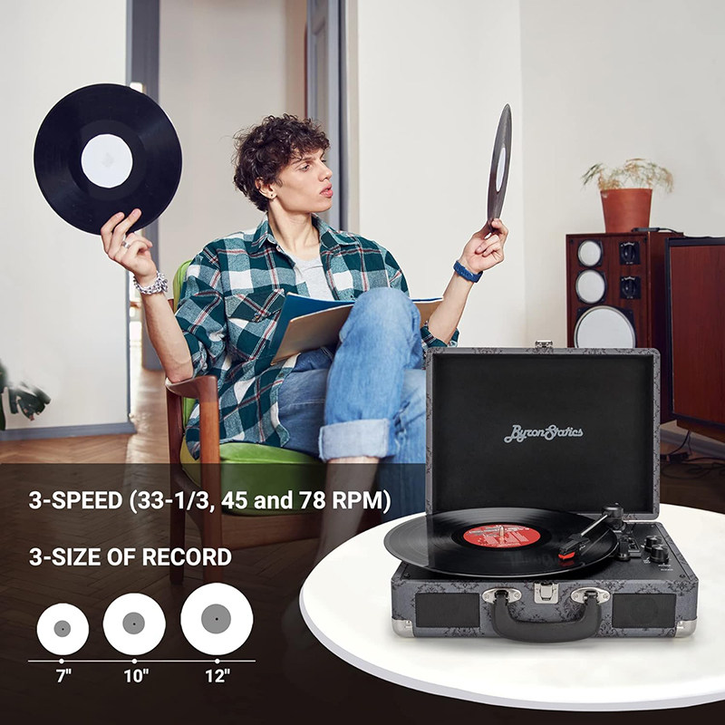 Виниловый проигрыватель 装逼送礼利器！出老美覆古黑胶唱片机3速内置立体声扬声手提箱