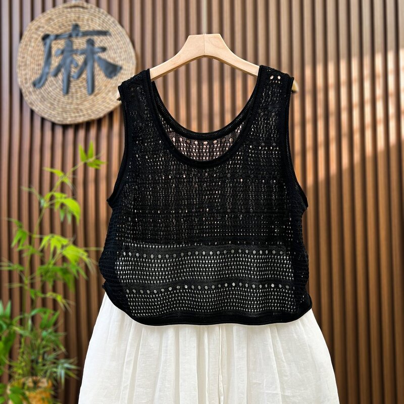 Fashionable U-Neck Hollow-Out Thin Knit Vest for Women, Summer Plus-Size Short Sleeveless Sweater Vest