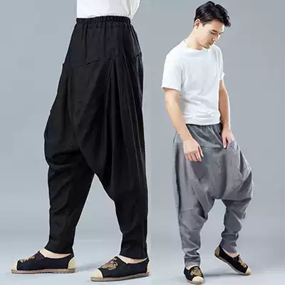 Prince Harlan pants linen bunch leg trousers men's Chinese style flying squirrel big crotch pants loose radish Harlan low crotch cross pants