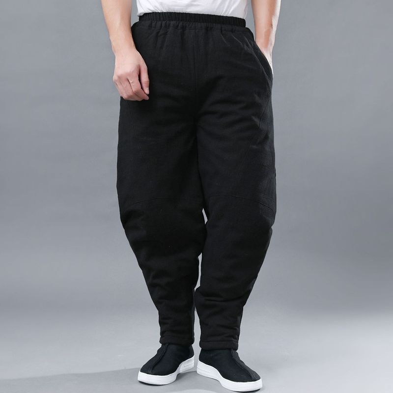 New Winter Linen Zen cotton pants Men's Han clothes Winter Chinese retro style Ancient Wind Black Warrior Thicken laminated wool-cold monk pants