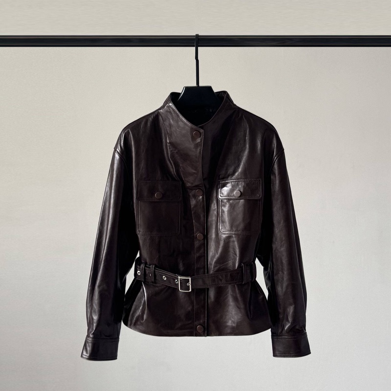 2026 New Celebrity-Style Leather Jacket for Women, Stand Collar, Short Korean Version, Single-Breasted, Belted, Waist-Cinching Leather Jacket