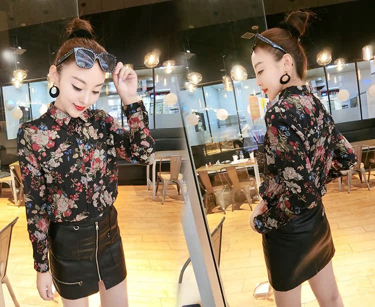 Mùa đông 2018 mới áo sơ mi lụa dài tay nữ cổ áo thời trang cổ áo hoa dại chạm đáy áo sơ mi khí nhỏ áo sơ mi áo sơ mi nữ tay ngắn