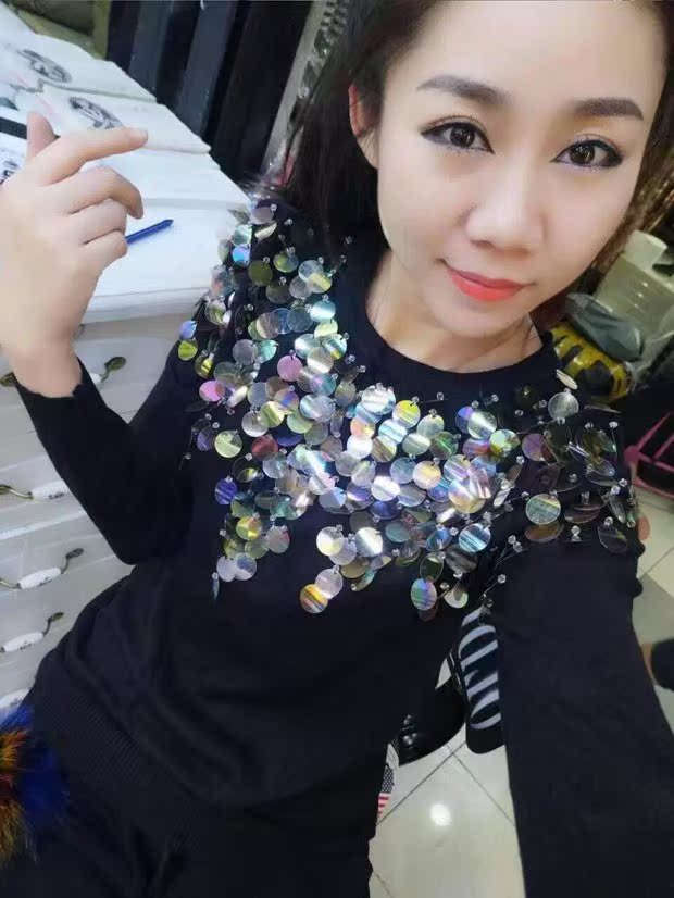 Mùa thu đông 2017 áo len mới của phụ nữ phiên bản ngắn tay Hàn Quốc của chiếc áo sơ mi tự cao nửa cổ áo màu xanh lá cây áo sơ mi sequin áo len nữ form rộng