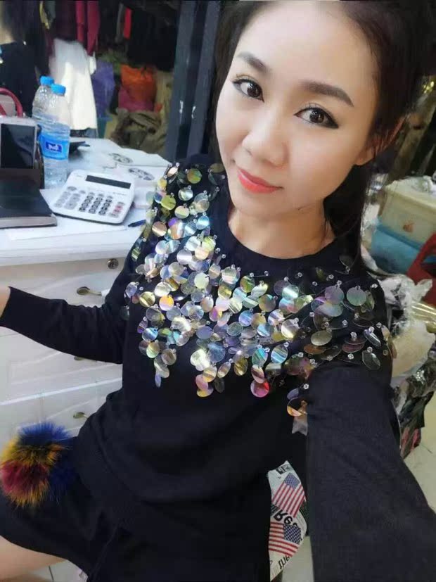 Mùa thu đông 2017 áo len mới của phụ nữ phiên bản ngắn tay Hàn Quốc của chiếc áo sơ mi tự cao nửa cổ áo màu xanh lá cây áo sơ mi sequin áo len nữ form rộng