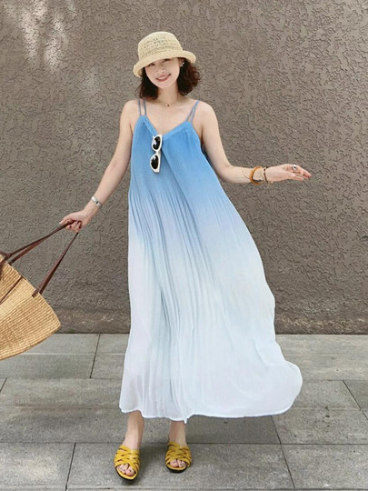 Grove Forever French Gradient Color Loose V Neck Suspender Dress Summer Sleeveless Women's Holiday Long Skirt