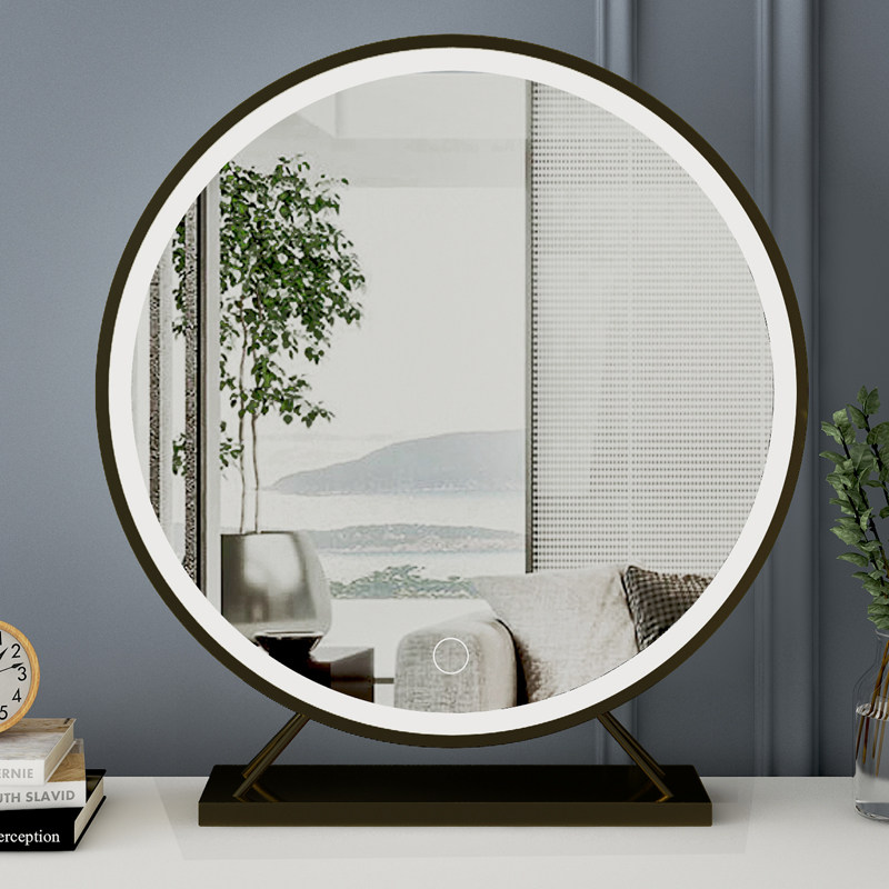 Light luxury mirror bedroom dresser desktop red makeup mirror LED with lamp intelligent complement beauty mirror large round mirror