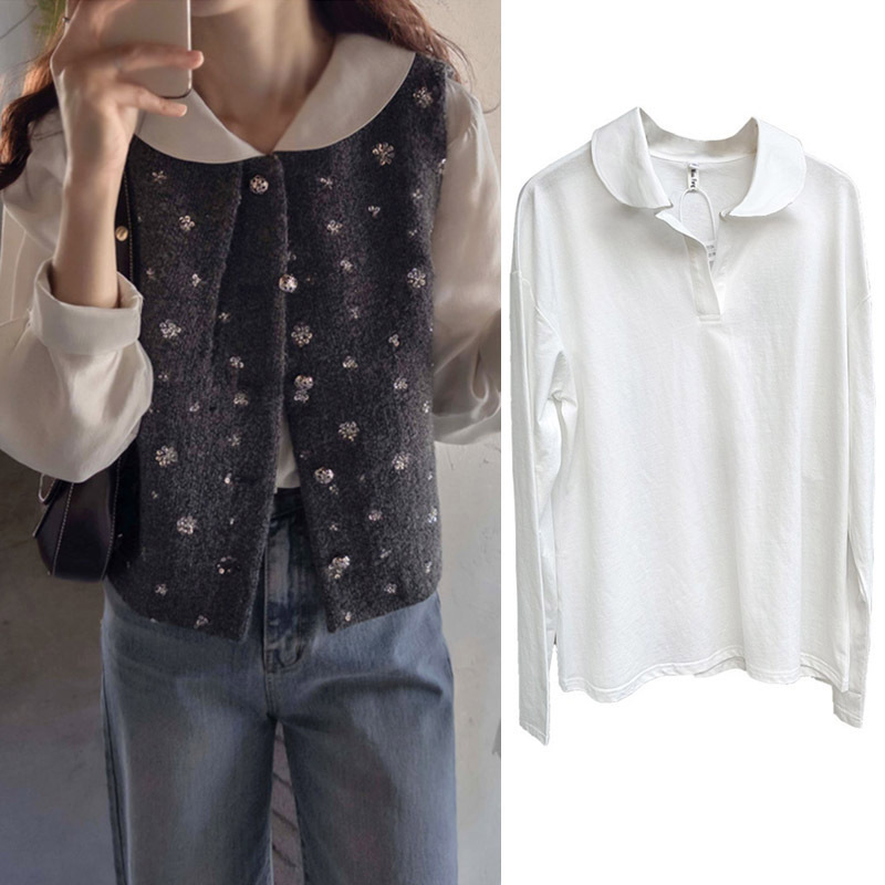 Pure Cotton White Shirt Women's Long-Sleeved Loose Versatile T-Shirt Women's Design Niche Base Shirt Doll Collar