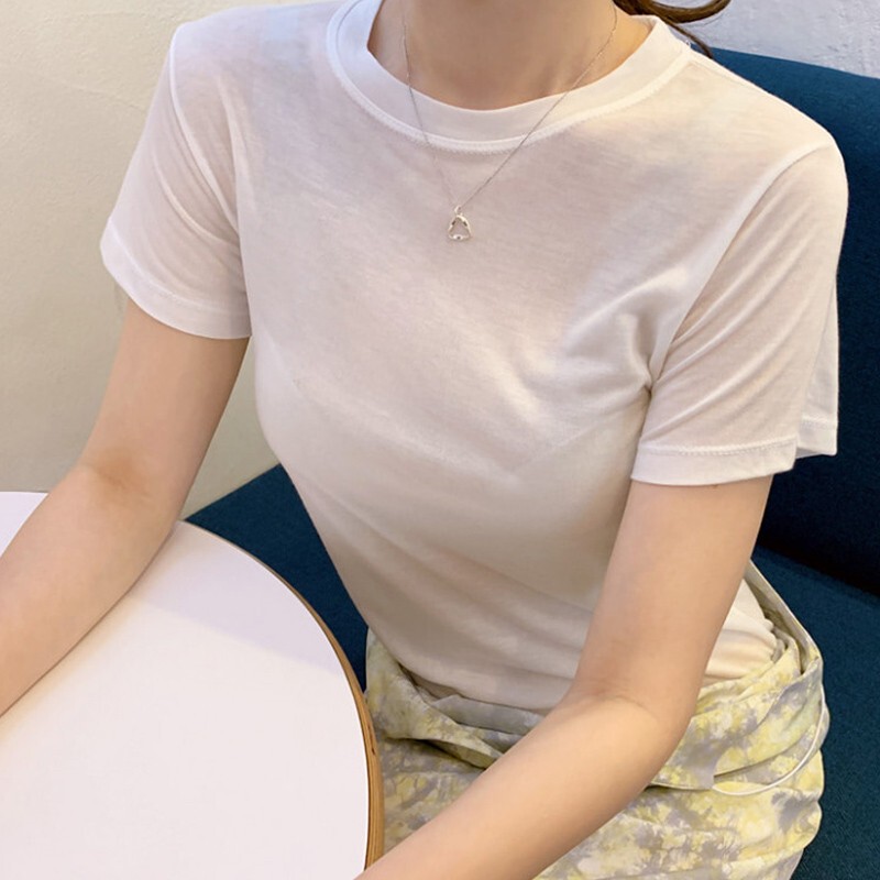 White T-Shirt for Women, New Style, Short-Sleeved Top, Spring and Summer Base Shirt, Slightly Sheer, Ultra-Thin, Pure Cotton, Round Neck, Half-Sleeve, Slim Fit, V-Neck
