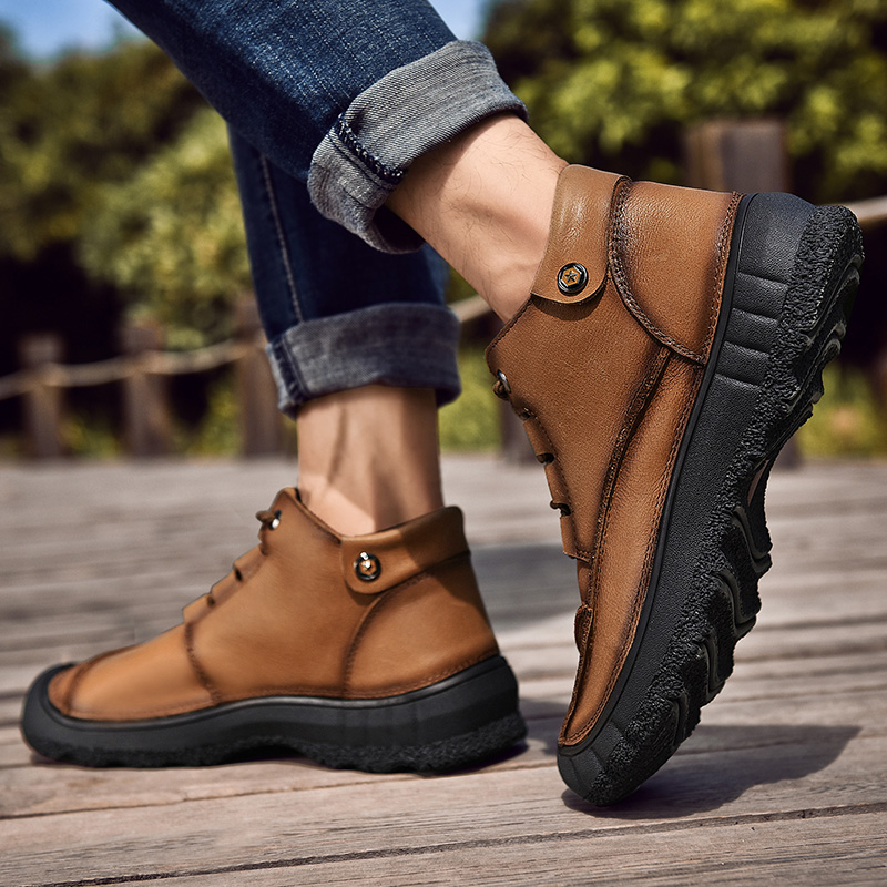 Outdoor shoes men's velvet warm first layer cowhide cotton shoes Waterproof non-slip high tube mountaineering shoes Snow shoes Men's hiking shoes