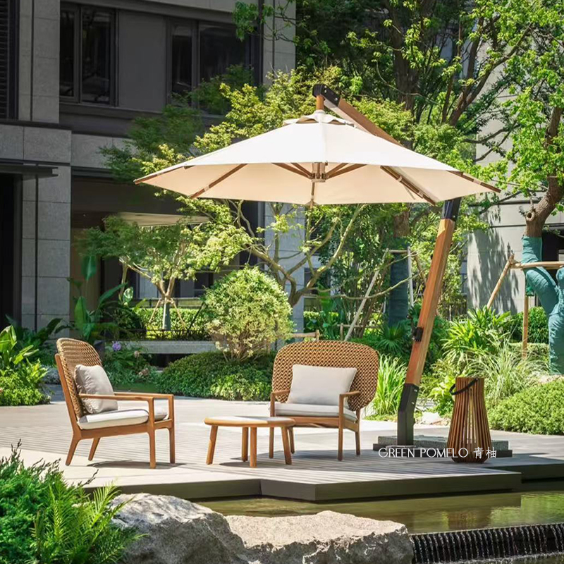 High-End Outdoor Sunshade Umbrella for Real Estate Properties, Suitable for Courtyard Use, Featuring a 7-Shaped Slanted Design, Wind-Resistant, and Ideal for Coffee Shops Like Luckin Coffee