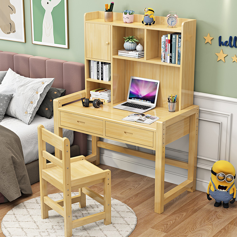 Solid wood desk bookshelf integrated suit for home children study table primary and middle school students book table and chairs computer desk