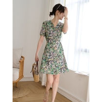 French delicate green field fresh white print silk double crepe V collar thin tea break dress women