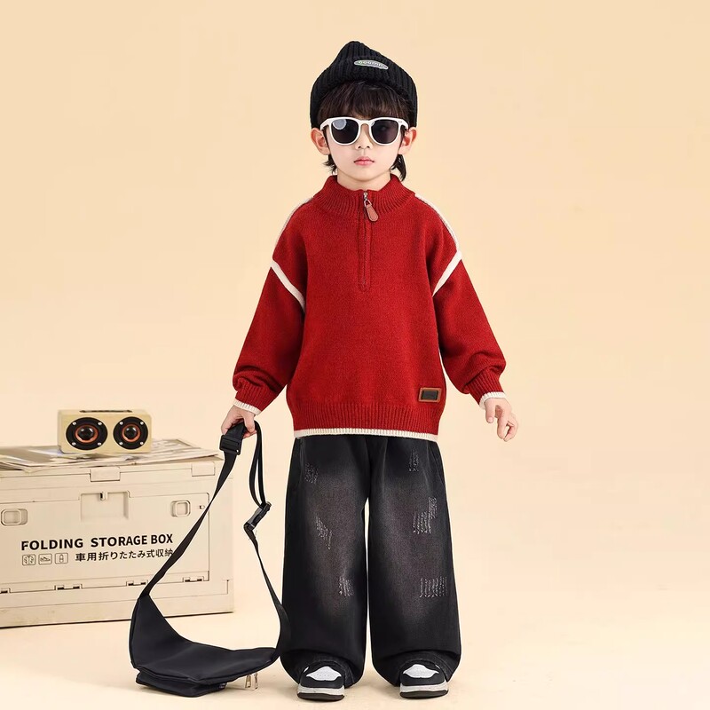 Italian Style Ttit Boys' Red Sweater Autumn/Winter 2025 New Children's Base Knitwear Inner Sweater