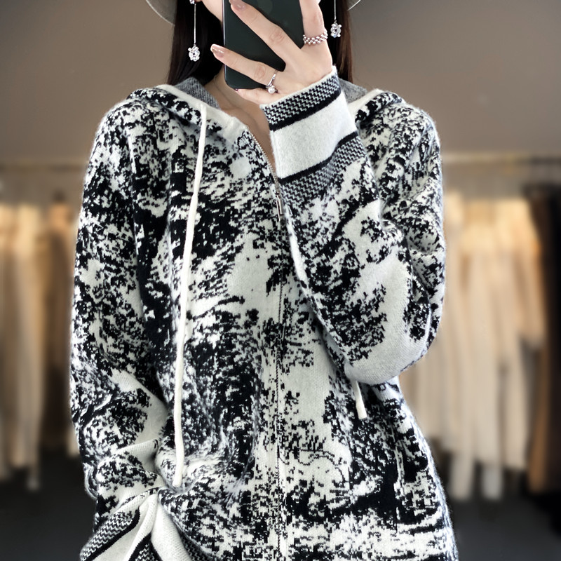 Heavyweight Thickened 100% Pure Cashmere Hooded Cardigan for Women, Loose-Fitting Ink Painting Style Wool Knit Sweater with Zipper