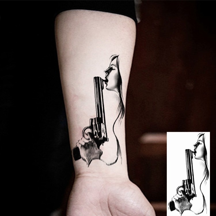 Angel Beauty left wheel gun pattern tattoo sticker male and female waterproof persistent emulation pistol Flower arm Thigh Arm Tattoo