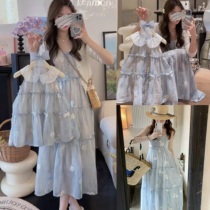 Sanya seaside beach parent-child clothing summer vacation beach skirt flower embroidered blue suspender mother-daughter dress