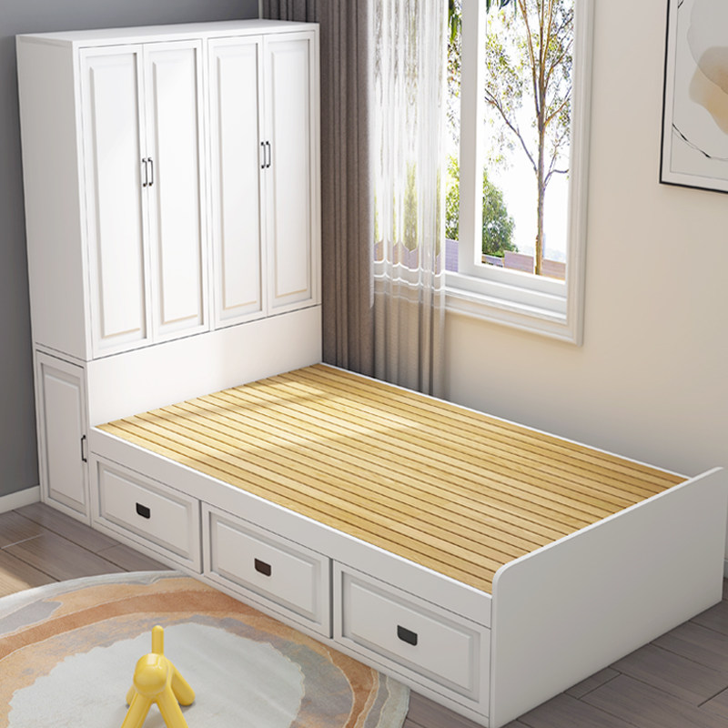 Modern minimalist tatami bed wardrobe integrated small apartment single bed combination pine bed frame multi-functional storage bed