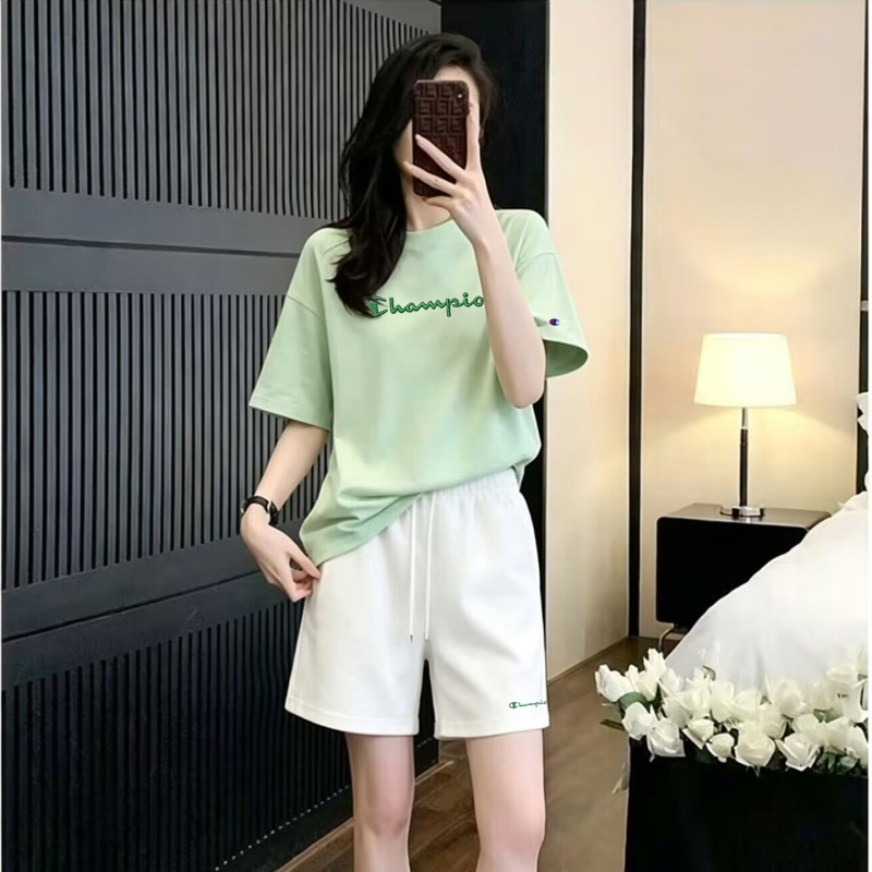 Japanese-Style Champion Embroidery Sports Suit Shorts for Women 2026 New Summer Casual Short-Sleeve Two-Piece Set Pure Cotton T-Shirt Japanese-Style Champion Embroidery Sports Suit Shorts for Women 2026 New Summer Casual Short-Sleeve Two-Piece Set Pure Cotton T-Shirt