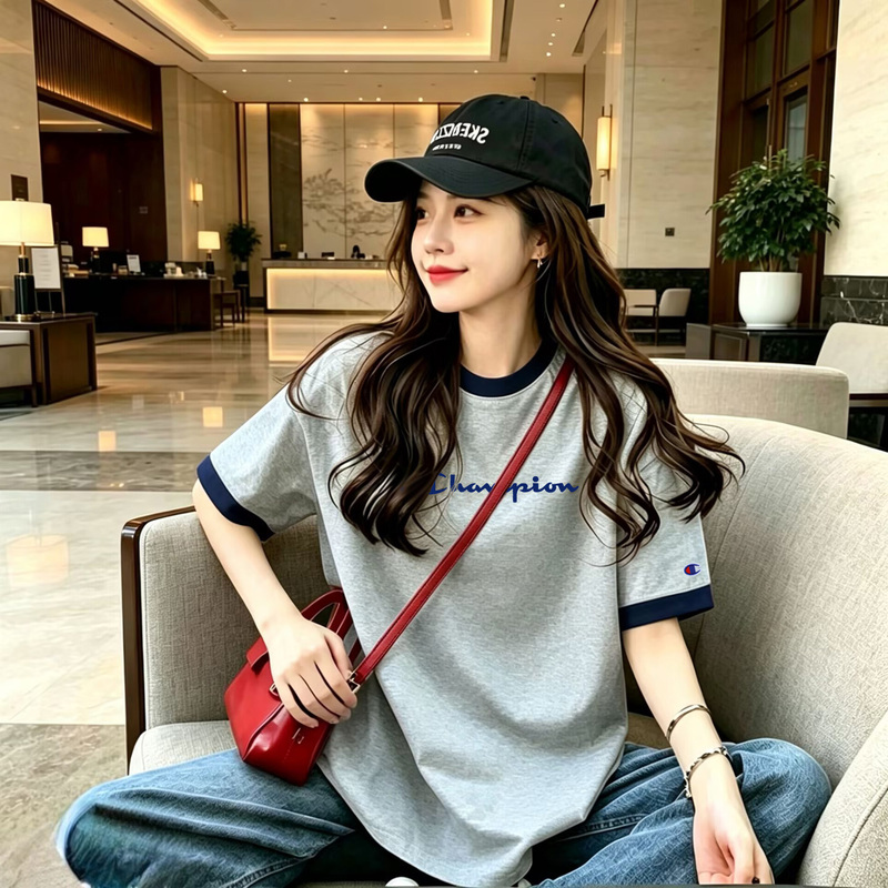 Japanese Version Champion Embroidered Pure Cotton Short-Sleeve T-Shirt for Women 2026 New Couple Summer Loose Round Neck Trendy Brand Top ins