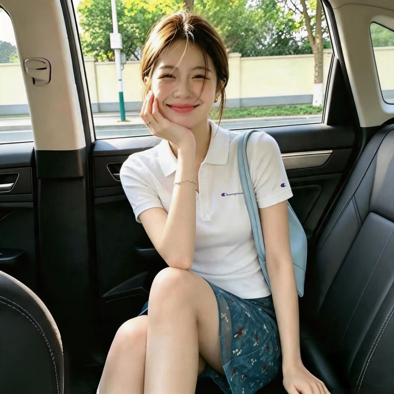 Japanese-Style Champion Embroidery Pure Cotton White Short-Sleeve Polo Collar T-Shirt for Women, Summer 2026 New Slim-Fit Top