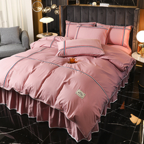 European style simple cotton four-piece girl heart pure color cotton bed skirt quilt cover bed linen princess style bedding