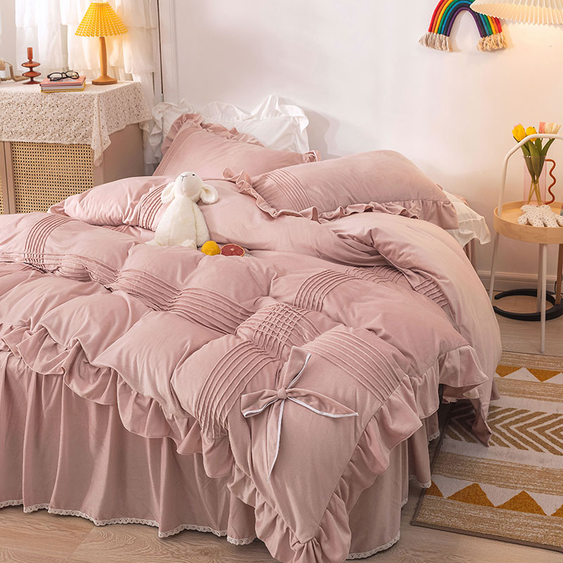 Winter thickened crystal velvet bed four-piece warm coral velvet double-sided quilt cover plus velvet bed skirt flannel
