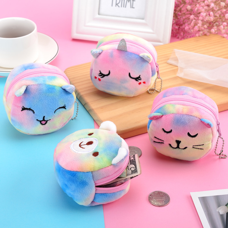 Colorful cartoon plush coin purse girl holding zipper small bag cute animal small square bag handmade mini bag