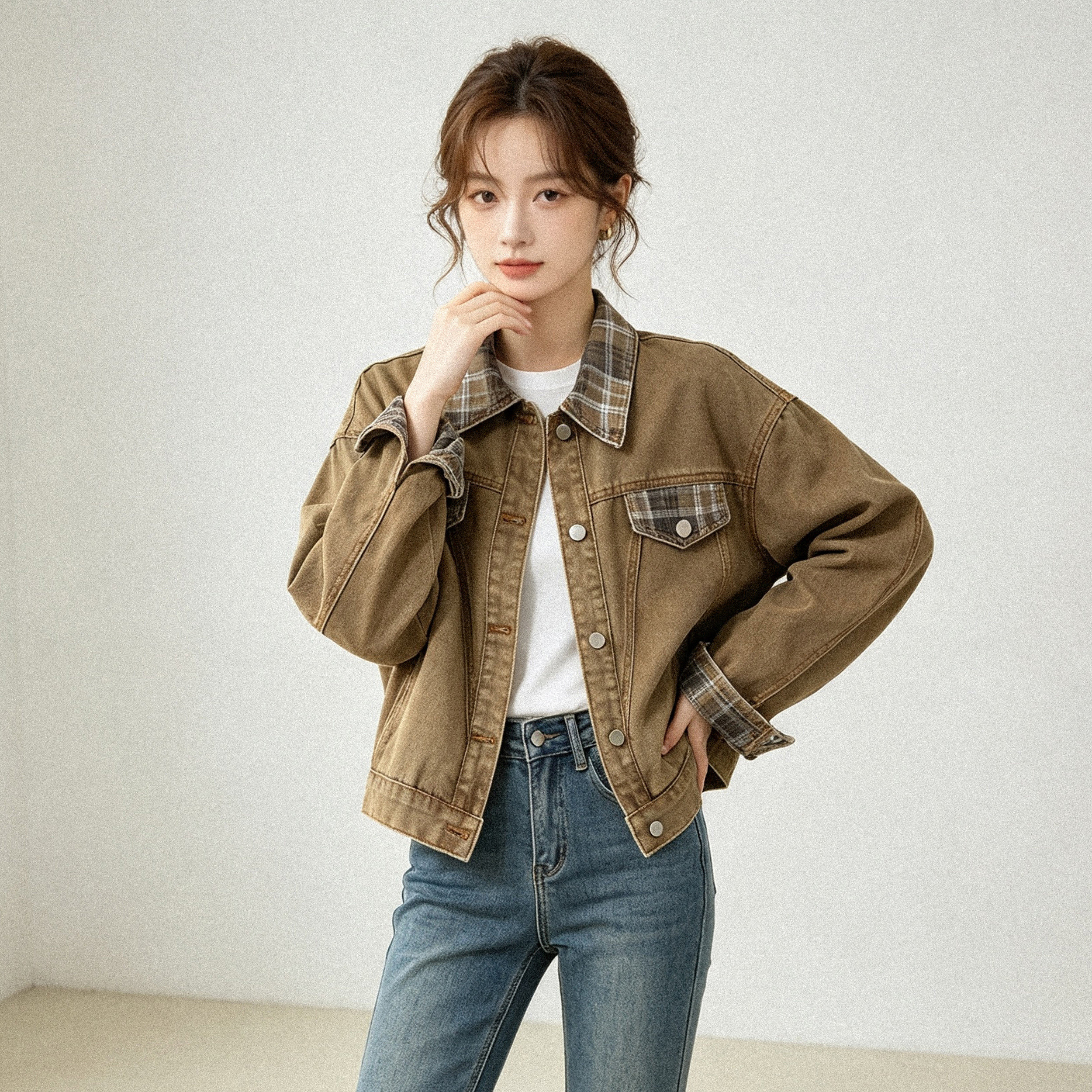 레트로 체크무늬 패치워크 데님 재킷 맨위 여성 2026 봄 가을 새로운 작은 대중 트렌드 다용도 워크웨어 재킷 상세 이미지 5