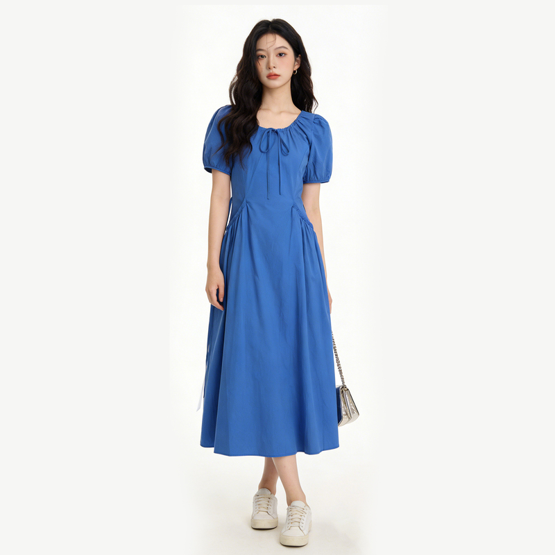 Blue Puff-Sleeve Waist-Slimming Dress for Women, New Spring Style, Super Pretty, Unique Temperament, Versatile Casual Long Dress