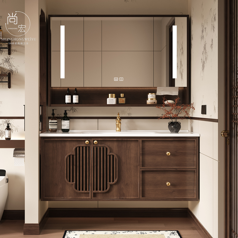 Song's Aesthetics Medieval Style Oak Bathroom Cabinet Set Integrated Bathroom Sink with Ceramic Basin for Washing Hands and Face