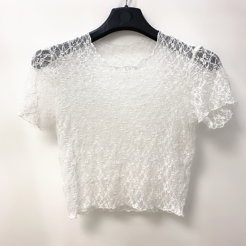 Summer New Short Elastic Lace Blouse with Short Sleeves, Round Neck, Crochet Lace, High Waist, Exposed Waist, Elegant and Stylish Women's Blouse