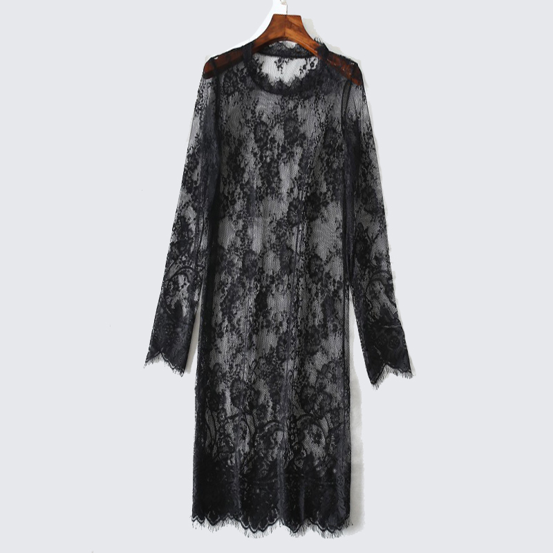 Spring and Summer New Long Lace Dress with Long Sleeves, Sheer Tulle, Soft and Over-The-Knee, Unlined, Single-Layer Ladylike Overskirt
