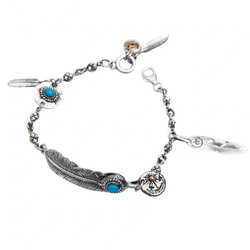925 Silver Indian Style Green Feather Bracelet for Men and Women, Retro Personalized Jewelry Chain